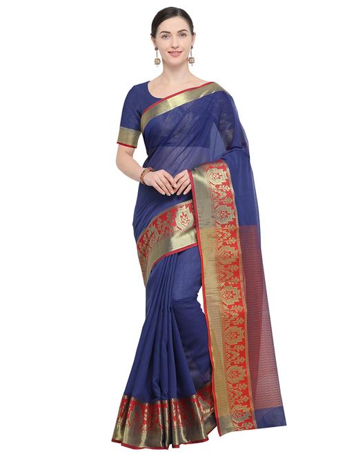 contrast zari border navy blue banarasi saree with blouse - 15917992 - Very Small Image - 1
