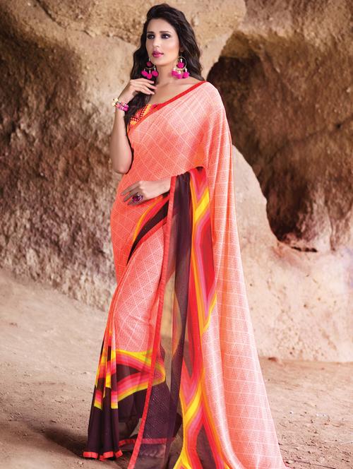 geometrical peach printed saree with blouse - 15921597 - Very Small Image - 1