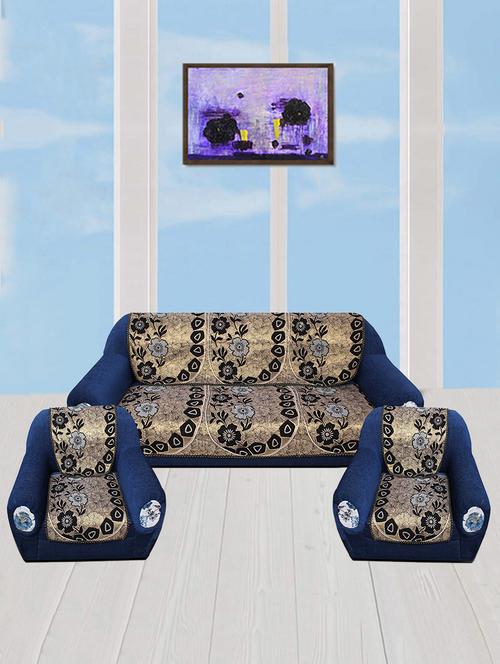 polyester fabric floral design sofa covers set of 6 seater - black & gold - 15922522 - Very Small Image - 1