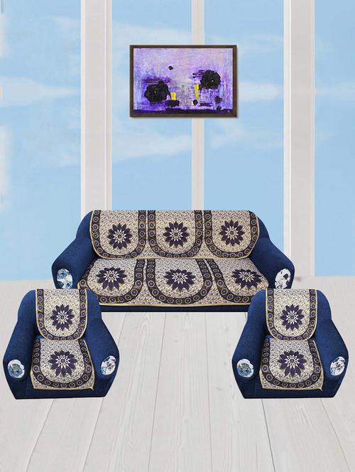 polyester fabric floral design sofa covers set of 6 seater - beige & brown - 15922529 - Very Small Image - 1