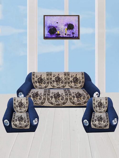 polyester fabric floral design sofa covers set of 6 seater - gold & brown - 15922530 - Very Small Image - 1