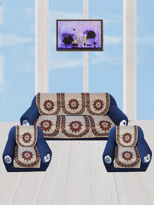 polyester fabric floral design sofa covers set of 6 seater - beige & brown - 15922538 - Very Small Image - 1