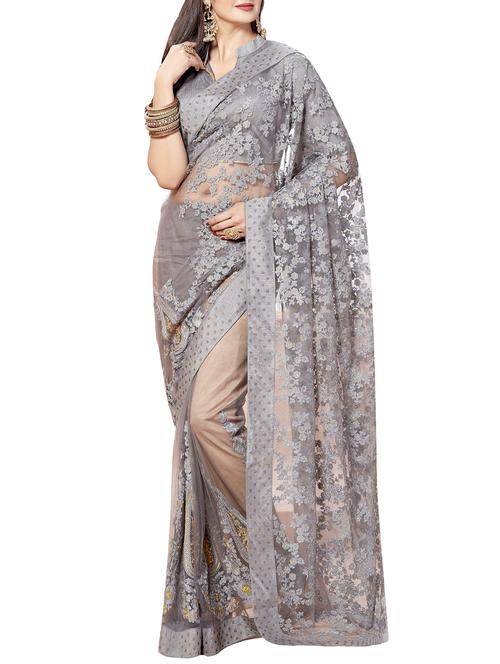 floral embroidered grey saree with blouse - 15923149 - Very Small Image - 1