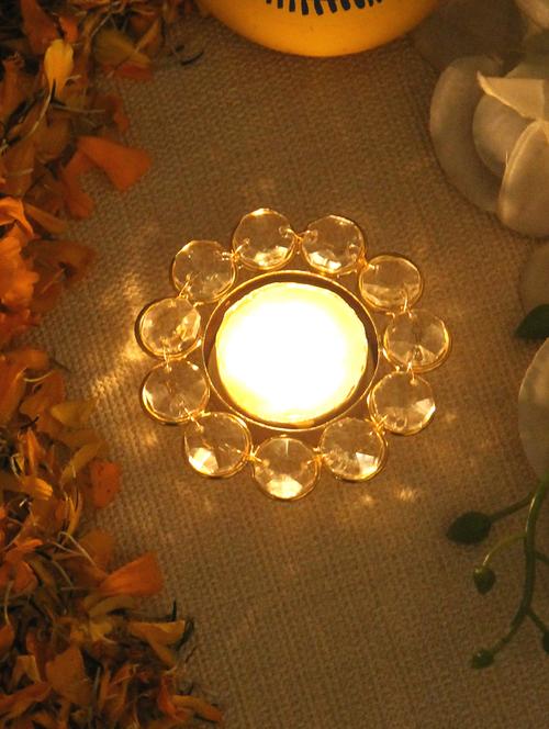 home sparkle flower shaped crystal tea light candle holder stand mild steel (gold) - 15924158 - Very Small Image - 1