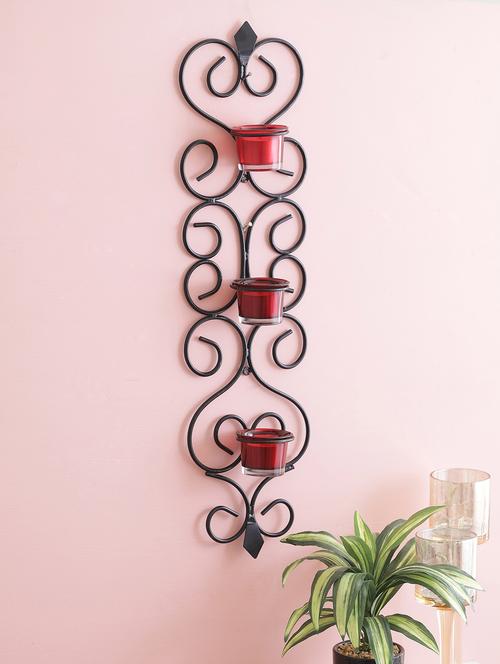 home sparkle long vertical wall sconce iron tealight candle holders with 3 glass cup (black) - 15924189 - Very Small Image - 1