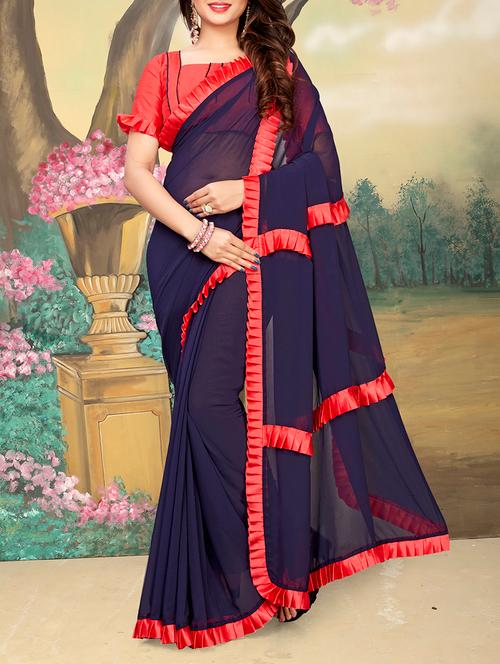 ruffle lace border navy blue saree with blouse - 15924371 - Very Small Image - 1