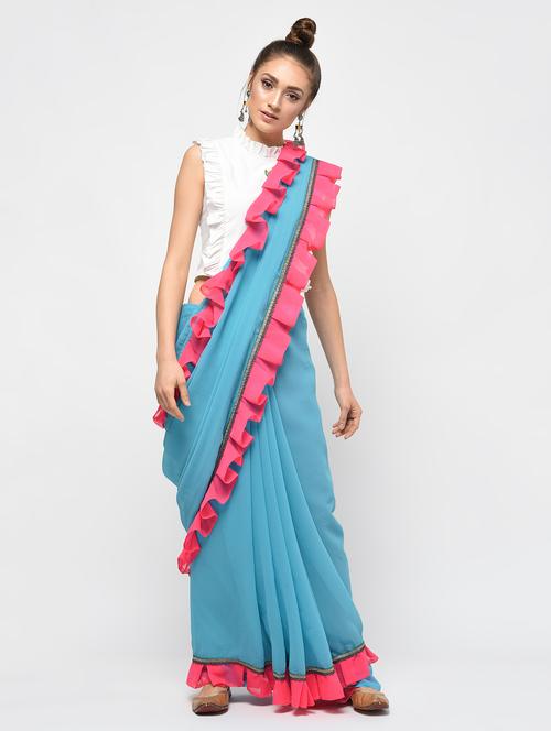 contrast ruffle border sky blue saree with blouse - 15924777 - Very Small Image - 1