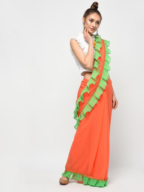 contrast ruffle border orange saree with blouse - 15924779 - Very Small Image - 1