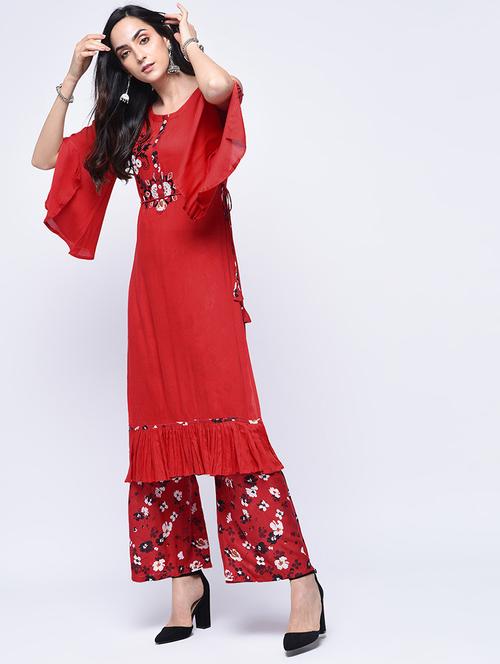 embroidered flare sleeved kurta with palazzo set - 15926918 - Very Small Image - 1