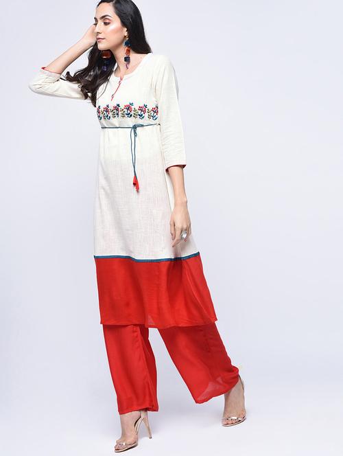 embroidered drawstring kurta with palazzo set - 15926944 - Very Small Image - 1