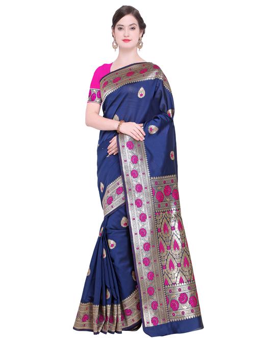 floral zari border navy blue banarasi saree with blouse - 15927616 - Very Small Image - 1