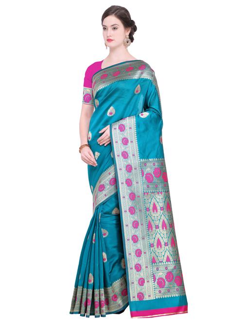 floral zari border turquoise banarasi saree with blouse - 15927618 - Very Small Image - 1