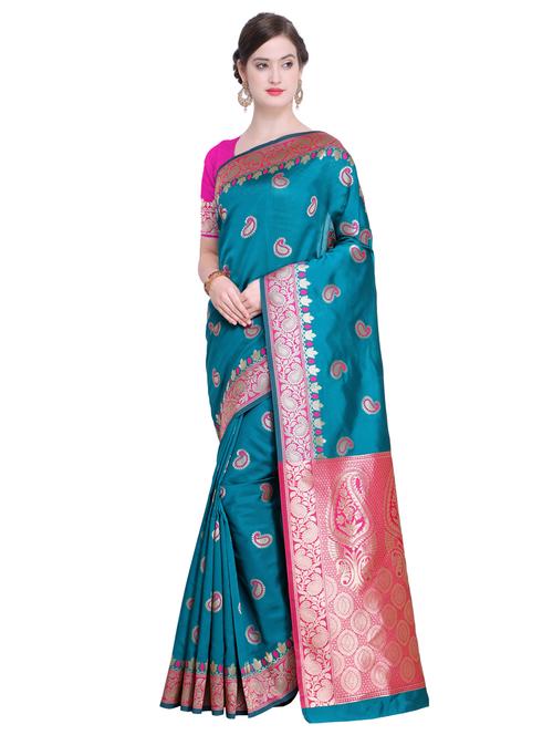 paisley zari border turquoise kanjivaram saree with blouse - 15927623 - Very Small Image - 1