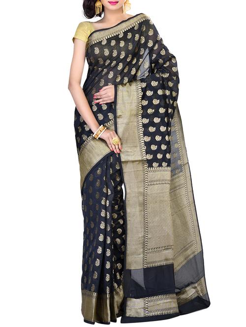 paisley zari motif black banarasi saree with blouse - 15930313 - Very Small Image - 1