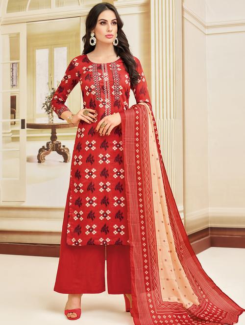 red chanderi cotton unstitched suit - 15931059 - Very Small Image - 1