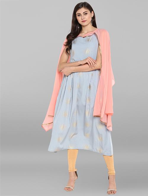 flared foil print kurta with cape - 15935911 - Very Small Image - 1