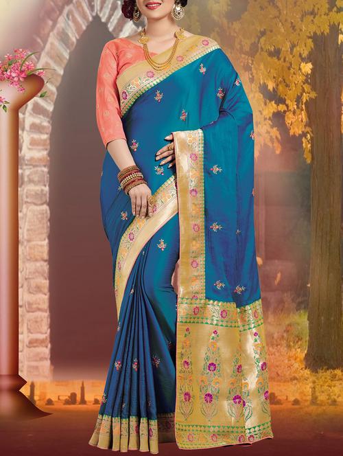 floral embroidered kanjivaram saree with blouse - 15936226 - Very Small Image - 1