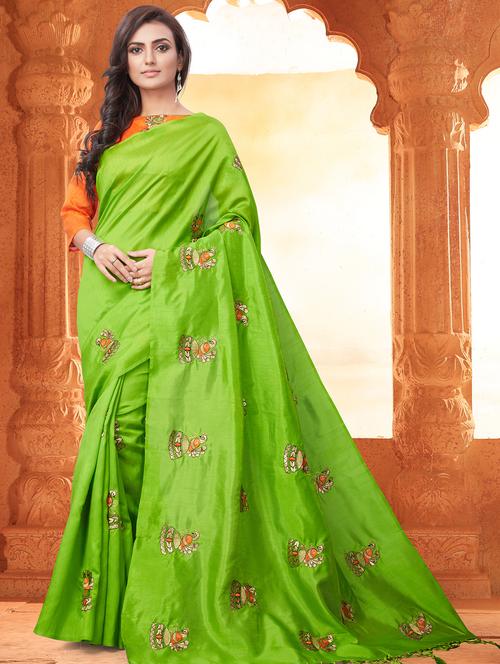 conversational parrot green embroidered saree with blouse - 15936725 - Very Small Image - 1