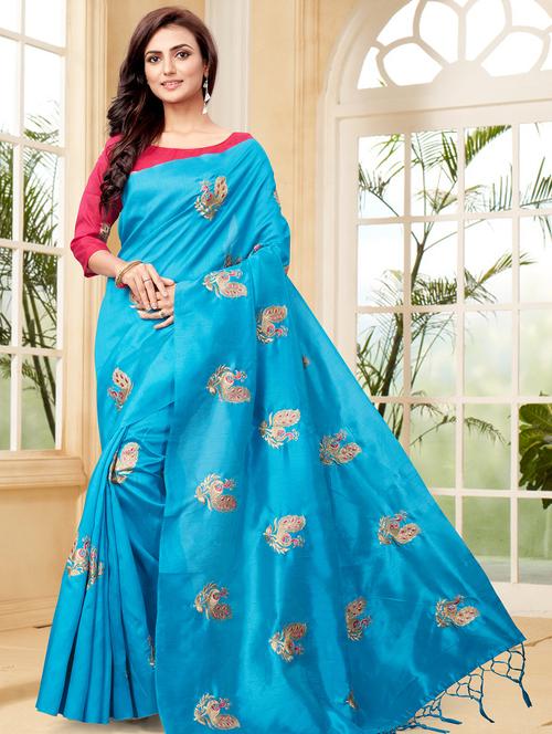 conversational royal blue embroidered saree with blouse - 15936728 - Very Small Image - 1