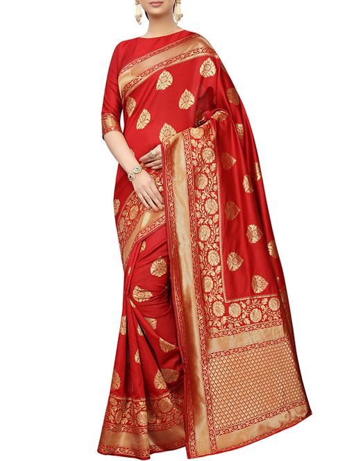 floral zari motifs red woven saree with blouse - 15939956 - Very Small Image - 1