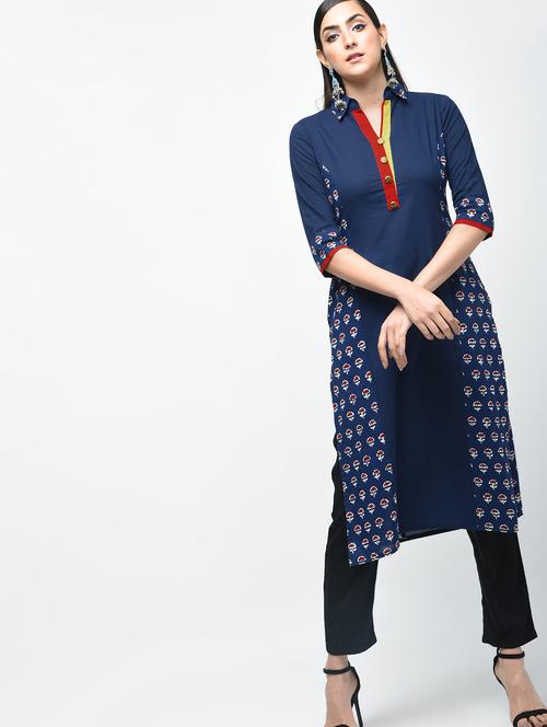 navy printed straight kurta - 15941750 - Very Small Image - 1
