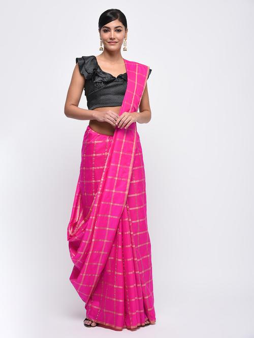 checkered woven saree with blouse - 15942045 - Very Small Image - 1