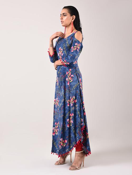 printed asymmetric kurta with  pom pom - 15943731 - Very Small Image - 1