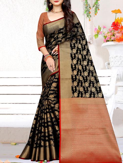 floral zari motif black kanjivaram saree with blouse - 15946101 - Very Small Image - 1