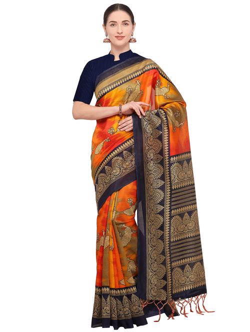 kalamkari printed orange mysore silk saree with blouse - 15947501 - Very Small Image - 1