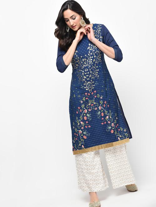 foil print straight kurta with palazzo set - 15950740 - Very Small Image - 1