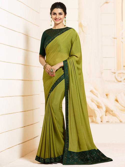 embellished border solid saree with blouse - 15954265 - Very Small Image - 1