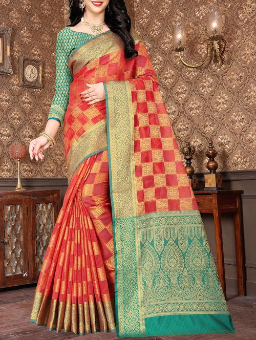 checkered ethnic motif woven saree with blouse - 15958552 - Very Small Image - 1