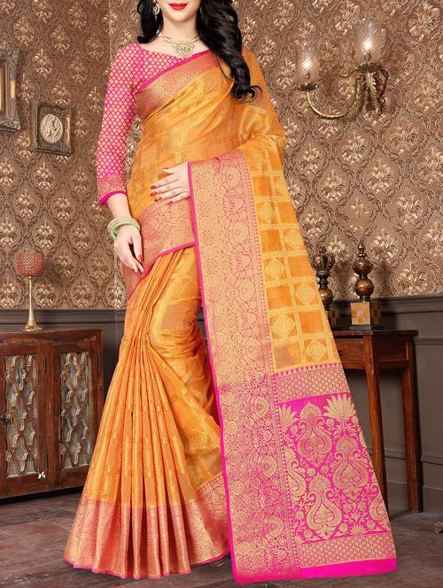 checkered ethnic motif woven saree with blouse - 15958553 - Very Small Image - 1
