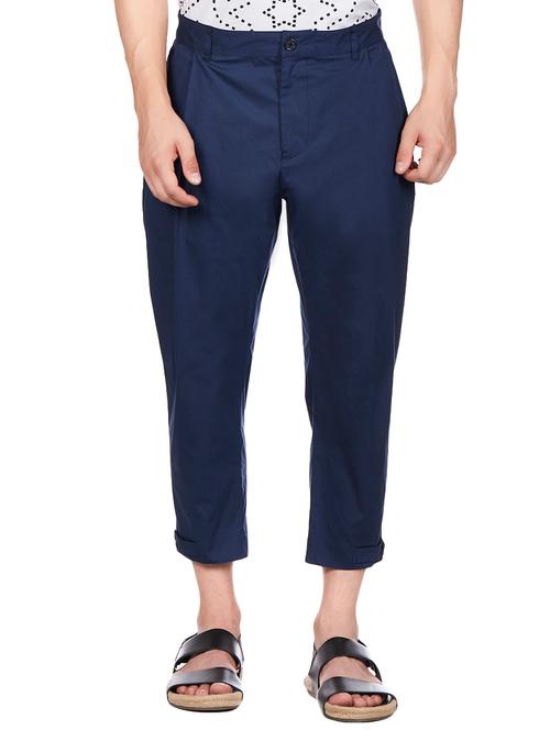 navy blue solid casual trouser - 15958792 - Very Small Image - 1
