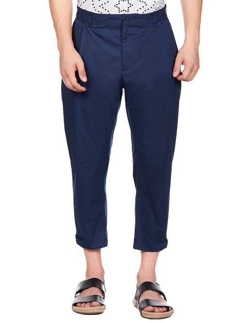 navy blue solid casual trouser - 15958793 - Very Small Image - 1