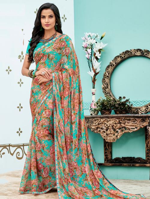 floral printed turquoise saree with blouse - 15959282 - Very Small Image - 1