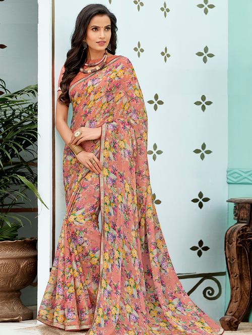 floral printed peach saree with blouse - 15959286 - Very Small Image - 1