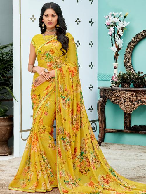 floral printed mustard saree with blouse - 15959287 - Very Small Image - 1