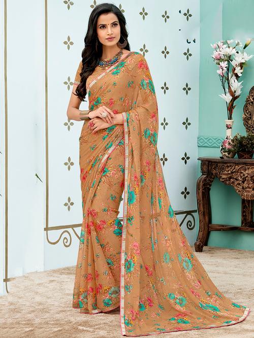 floral printed beige saree with blouse - 15959290 - Very Small Image - 1