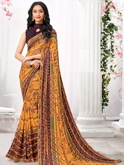 floral printed mustard saree with blouse - 15961163 - Very Small Image - 1