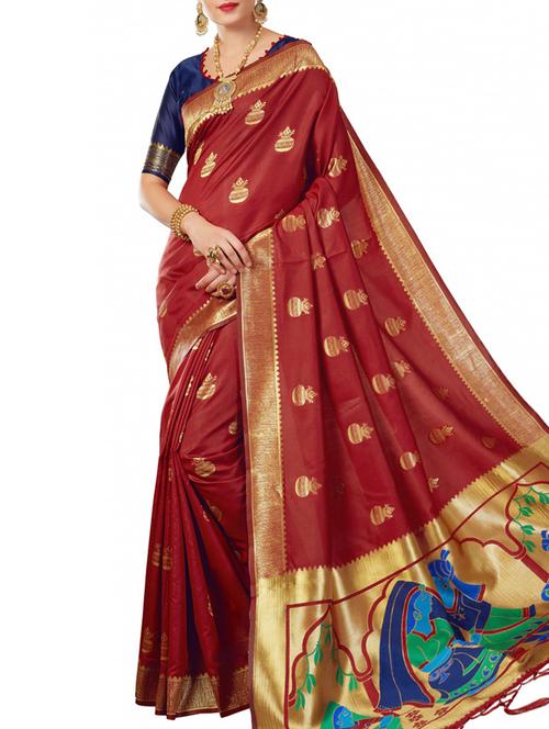conversational zari motif maroon paithani saree with blouse - 15964893 - Very Small Image - 1
