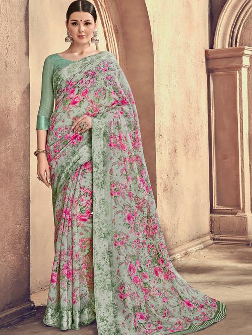 floral printed saree with blouse - 15967711 - Very Small Image - 1