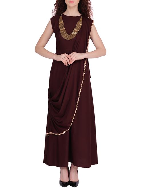 Solid Attached Paneled A-line Dress - 15970275 - Very Small Image - 1