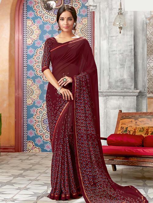 maroon geometrical printed saree with blouse - 15972839 - Very Small Image - 1