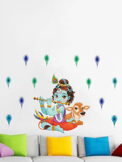 rawpockets  ' lord krishna flute singing with cow and peacock petal decorative '  wall stickers - 15973845 - Very Small Image - 1