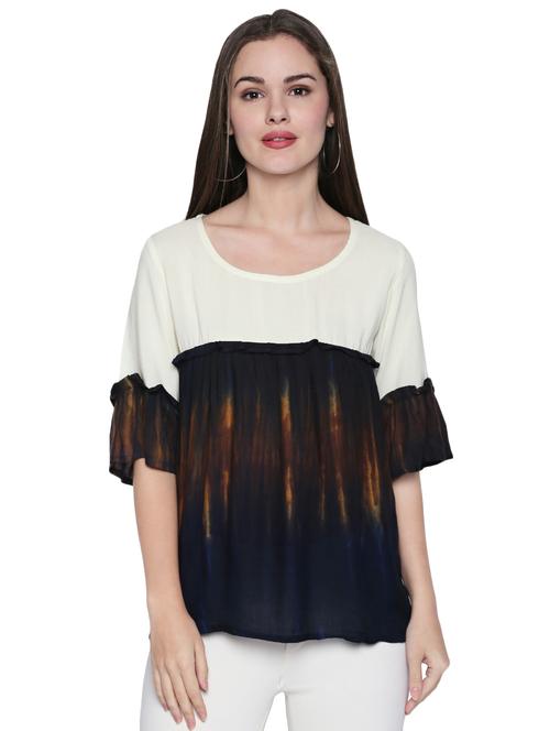 contrast yoke tied and dyed ruffle trim top - 15975028 - Very Small Image - 1