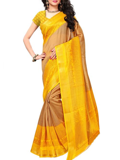 contrast border beige printed saree with blouse - 15975771 - Very Small Image - 1