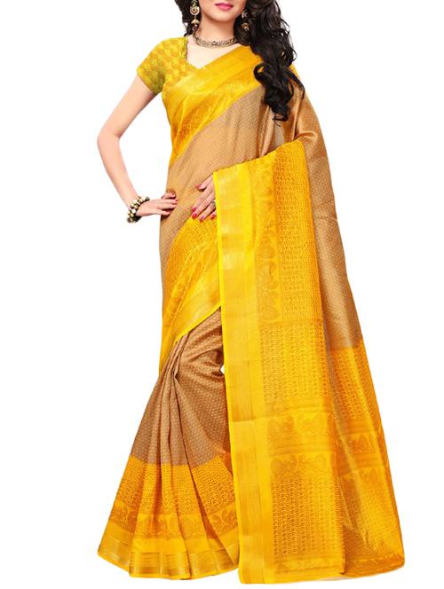 contrast border beige printed saree with blouse - 15976121 - Very Small Image - 1