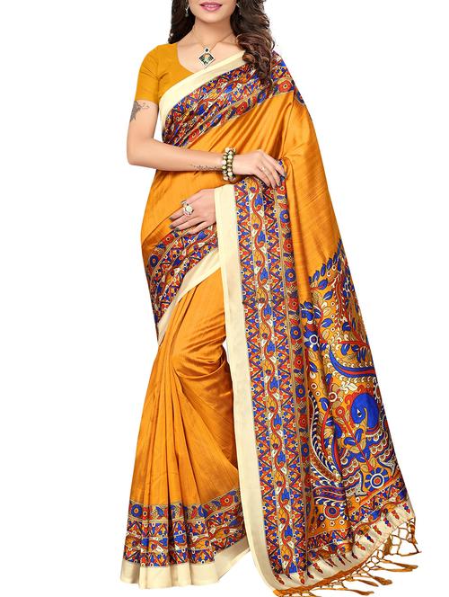 kalamkari mustard mysore silk saree with blouse - 15976142 - Very Small Image - 1