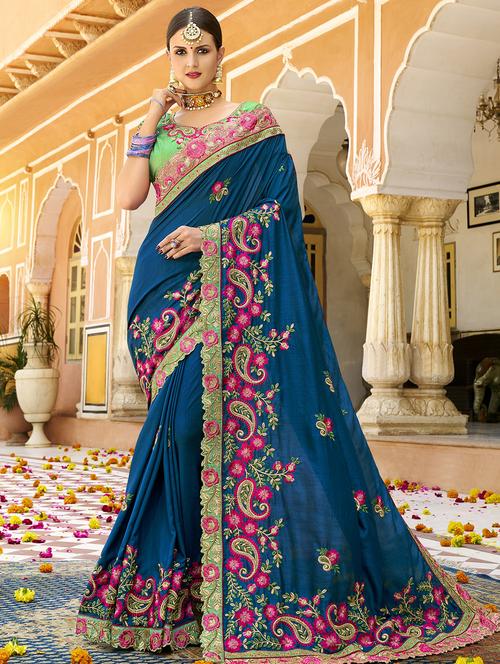 floral turquoise embroidered saree with blouse - 15978261 - Very Small Image - 1
